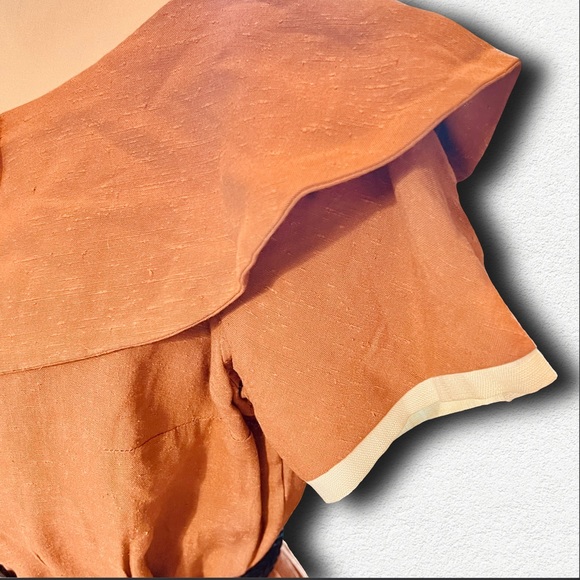 1940s Two Tone Linen Dress, Handmade A-Line, Orange, Cream, Vtg Academia, Sm - Picture 3 of 14